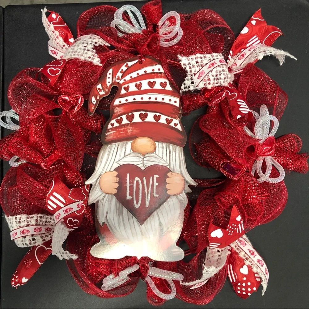 Gnome Deco Mesh Valentines Wreath Ribbons Hearts Red White Tubing Love